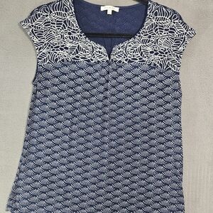 Skies Are Blue Womens Large Tee Shirt Vneck Embroidery Boho Blue Fans Cap Sleeve